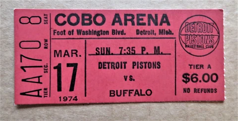Detroit Pistons vs Buffalo Braves Ticket stub Mar 17, 1974 - COBO Arena ! Cover