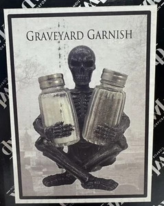 Gothic Graveyard Garnish Skeleton Salt Pepper Shakers Holder Statue Very RARE. - Picture 1 of 6
