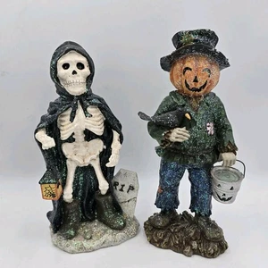 (2) Vintage Target Glitter Figurines Skeleton & Pumpkin Head Halloween Decor - Picture 1 of 5