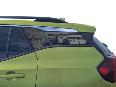 Fits 2018-25 GMC Terrain Rear Side Window Tattered American Flag Mountain Decal Foto 1 de 3