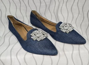 Rampage Women's Blue Denim Flats Pointed Toe Gem Embellished Loafer Size 9 - Picture 1 of 10