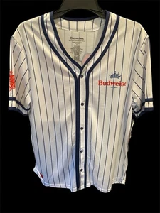 BUDWEISER Button Up 76 Jersey sz M or XL White w/Stripes SS Baseball SHIRT - Picture 1 of 11