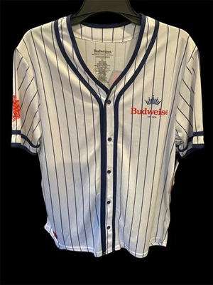 BUDWEISER Button Up 76 Jersey sz M or XL White  w/Stripes SS Baseball SHIRT - Image 1 of 4