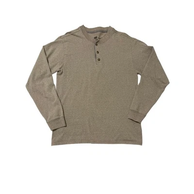 Hanes Beefy-T Long Sleeve Henley Shirt Mens M Pebblestone Heather Tan Gray - Image 1 of 4