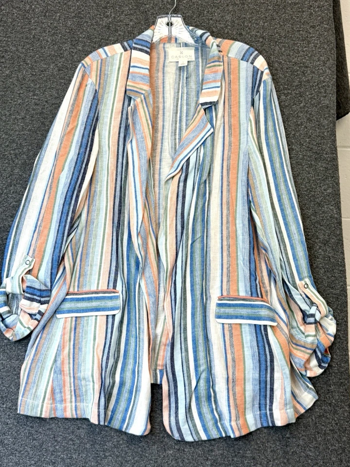 CHAQUETA BOHO CASLON BLAZER A RAYAS DELANTERAS ABIERTAS MEZCLA LINO TONOS RAYAS PLAYA 1X Foto 1 de 4
