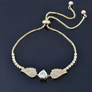14K Yellow Gold Plated Lab Created Diamond 3Ct Heart Women Wings Bolo Bracelet - Picture 1 of 2