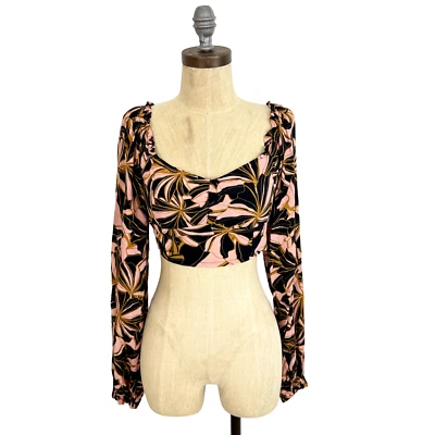 Blusa corta MINKPINK Ziba Sweetheart XS floral crepé negra Vacay usada en excelente estado B26 Foto 1 de 4