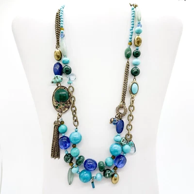 Ожерелье Coldwater Creek с двумя нитями сине-зеленое золотистое с бисером и подписью - Изображение 1 из 4