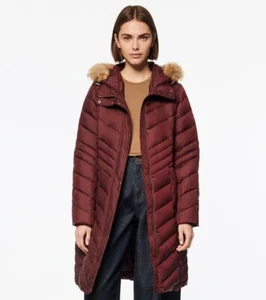 Andrew Marc Miranda Chevron Quilted Jacket Womens XS Burgundy Fur Trim Hood - Picture 1 of 12