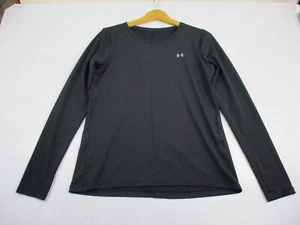 Under Armour Shirt Womens Large Black Mesh Base Layer Athletic Thumb Holes Logo - Picture 1 of 8