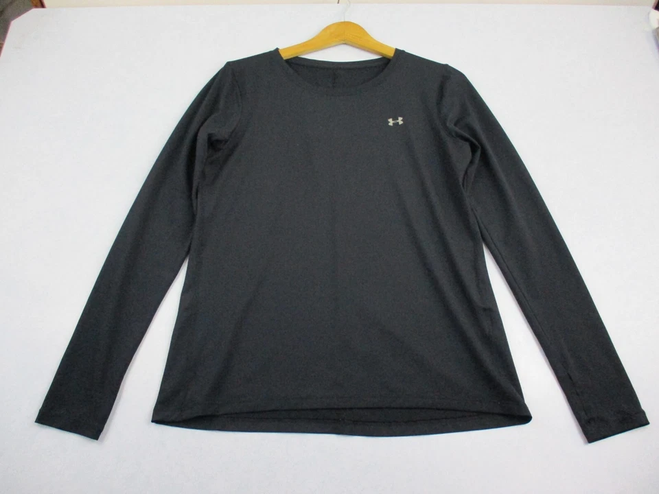 Under Armour Shirt Womens Large Black Mesh Base Layer Athletic Thumb Holes Logo - Image 1 of 4