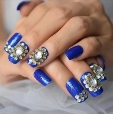 24 Press on nails w/ glue Medium square blue gems rhinestones - Image 1 of 4