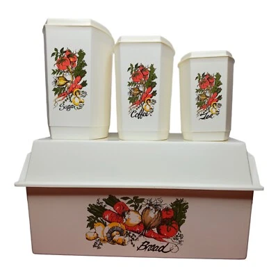 Juego de caja y bote de pan de plástico retro vintage setas kitsch decoración colorida Foto 1 de 4