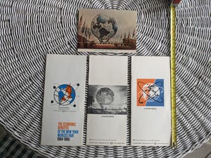 3 NY Worlds Fair 1964 pre-opening promo Brochures + 1 Unisphere Xmas Card