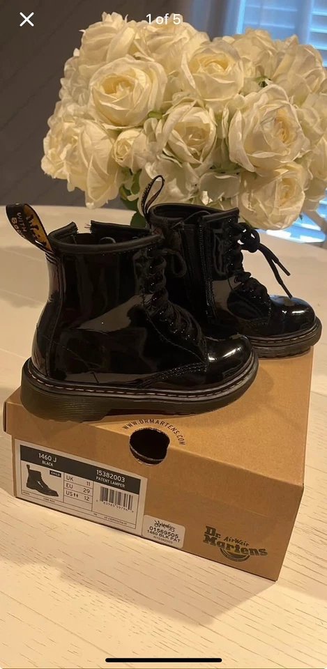 Dr Doc Martens Youth Size 3 US Black Patent Leather Combat Boots 1460J Side Zip