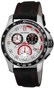 WENGER CHRONOGRAPH SILVER DIAL DATE BLACK LEATHER STRAP MEN'S WATCH 70791 NEW - Picture 1 of 5