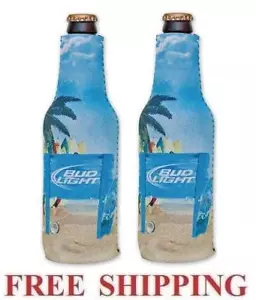 TRAJE DE BOTELLA DE CERVEZA BUD LIGHT BEACH 2 ENFRIADORES KOOZIE HUGGIE COOLIE BUDWEISER NUEVO - Imagen 1 de 2