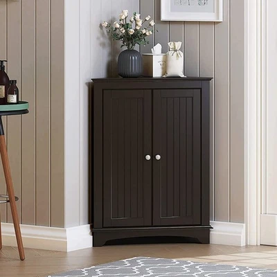 Floor Corner Cabinet with Two Doors and Shelves, Free-Standing Corner Storage... - Image 1 of 4