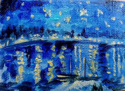 Pintura al óleo ACEO ORIGINAL - Noche estrellada sobre el Ródano - Van Gogh - 2,5 x 3,5 pulgadas MK Foto 1 de 3