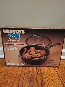 Vintage Wagner’s 1891 Original Cast Iron 10 1/4” Chicken Fryer W/Glass Lid #1288 - Picture 1 of 6