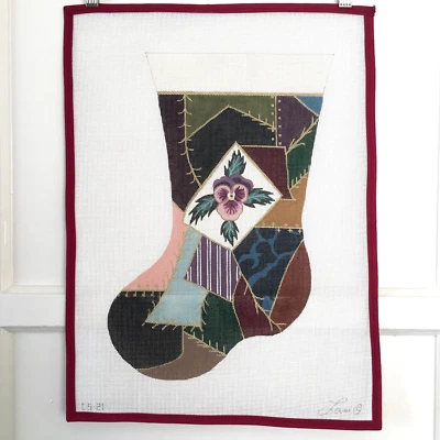 LANI Handpainted Needlepoint Canvas Stocking Victorian Crazy Quilt 14 Mesh 17.5" - Image 1 of 3