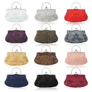 Women Vintage Beaded equin Flower Evening Pure Large Clutch Bag Bridal Handbag - Picture 1 of 9