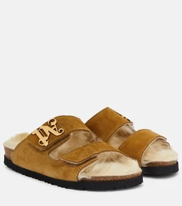 PALM ANGELS Camel Beige Faux Fur-lined Suede Slides Size 41 / 11 New - Picture 1 of 7