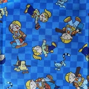 Bob The Builder Fabric Pilchard Cat Scruffty Dog Cranston Blue Check Cotton BTHY - Picture 1 of 5