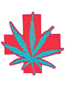 MARIJUANA LEAF WITH BIG RED CROSS GREEN RED EMBROIDERED PLANT IRON ON PATCH - Picture 1 of 3