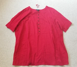 NWT Womens Top-AVENUE-red striped cotton sheer 1/4 button pintuck tunic ss-30/32 - Picture 1 of 6