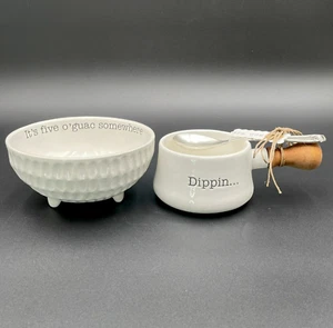 Mud Pie White Ceramic Five O'guac Guacamole Bowl & Dippin' Bowl w Spinach Spoon - Picture 1 of 14