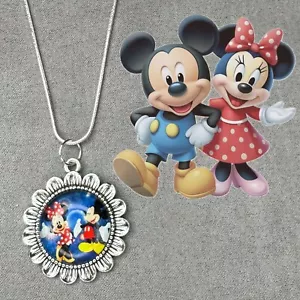 MICKEY & MINNIE MOUSE 925 Silver Necklace & Handmade Cabochon Pendant Gift✨NEW - Picture 1 of 6