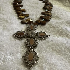 Fancy Statement Rhinestone Cross Necklace. 18” - Picture 1 of 7