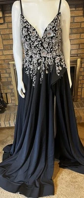 Vestido Jovani 23937 Negro Abertura Alta Adornado Nuevo Con Etiquetas Talla 14 Foto 1 de 4