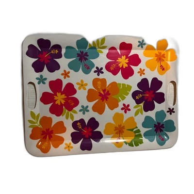 Amscan Melamine Tray 20x15 Retro 70s Floral White Colorful Flowers w/ Handles - Image 1 of 3