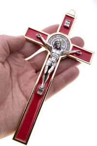 St. Benedikt Kruzifix Ganzmetall mit Intarsien roter Emaille Silber Corpus - 8" Italien - Bild 1 von 4