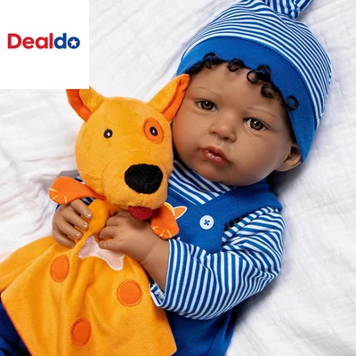 19 Inch African American Realistic Reborn Baby Boy Doll in Puppy Outfit with Dog - Image 1 of 4