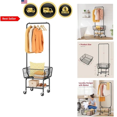 Laundry Cart with Hanging Rack Metal Wheeled Storage Basket Large Black - Image 1 of 4