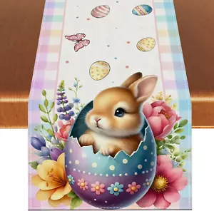 Linen Happy Easter Table Runner Bunny Rabbit Watercolor Easter Eggs Flower Table - Picture 1 of 7