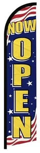 Now Open Patriotic Advertising 2.5'x11.5' Super-Knit Poly Windless Banner Flag - Picture 1 of 1