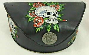 Ed Hardy Leather Eye Glass Case Embroidered Skull Roses Embellished Close 6.5" - Picture 1 of 6