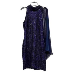 NWT Vince Camuto Dress Sz 14 Navy. Lace And Sequins. Attached Chiffon Scarf. - Picture 1 of 6