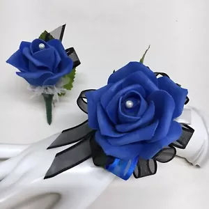 Corsetto da polso singolo blu royal rosa su nero e boutonniere combo - Foto 1 di 1