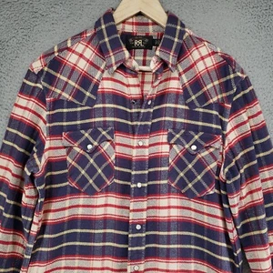 Ralph Lauren Double RRL Mens M Plaid Twill Western Shirt Pearl Snap Long Sleeve - Picture 1 of 23