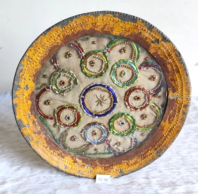 Vintage Mehrfarbig Armreife Mandala Dekoriert Runde Glas Zinnblech Tablett GL966 - Bild 1 von 4