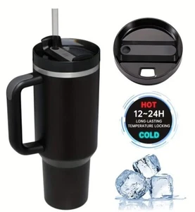 NEW BLACK 40oz INSULATED STAINLESS STEEL MUG CUP TUMBLER W/ LID, STRAW & HANDLE - Picture 1 of 5