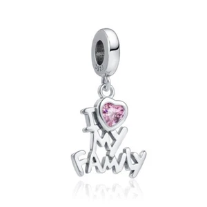 925 Sterling Silver I Love My family love mum sister pink stone Bracelet Charm - Picture 1 of 2