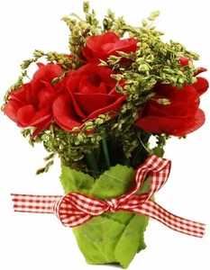 HAAC künstliche Rosen im Topf mit 7 Blüten und Schleife 13 cm Farbe rot - Bild 1 von 2