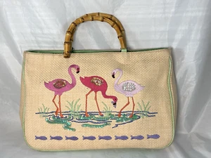 Vintage Marlo Rosa Flamingo Faux-Bambus Holz Griff Tropisch Stroh Handtasche - Bild 1 von 6