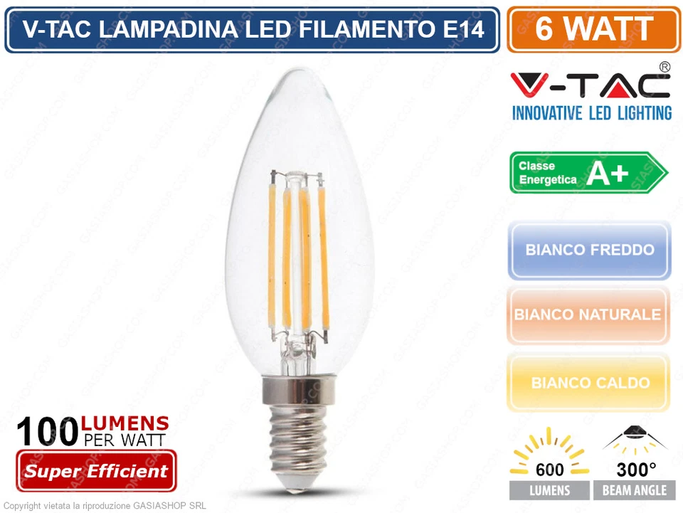 V-TAC VT-2127 LAMPADINA LED E14 6W CANDELA FILAMENTO - SKU 7423 / 217424 / 7425